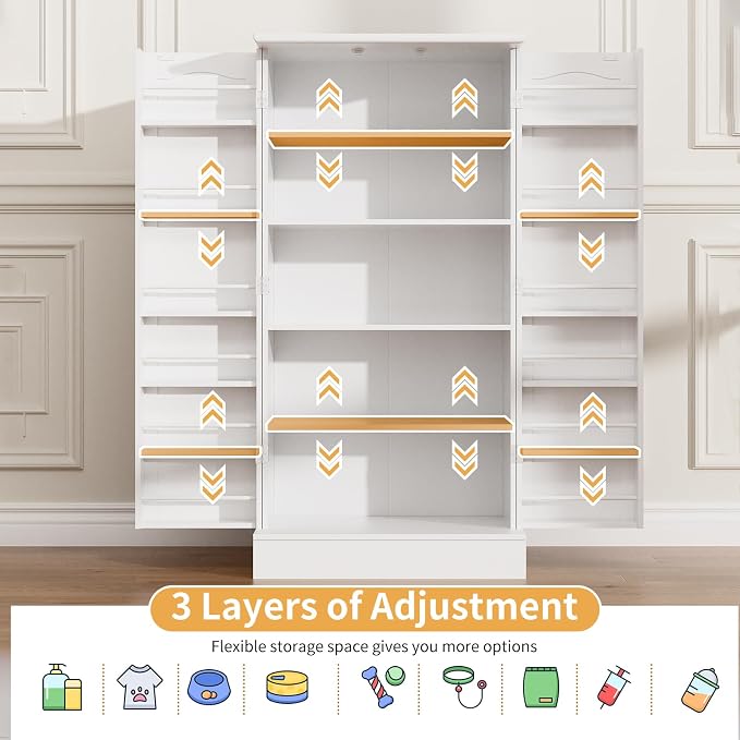 Saudism 47" Dog Food Storage Cabinet with Doors and Adjustable Shelves, Freestanding Pet Storage Container Organizer for Living Room and Dinning Room, White