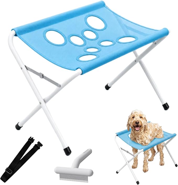 2-in-1 Foldable Pet Grooming Bed, Pet Comfort Grooming Stand，Blue | Foldable Pet Grooming Hammock, Bathing Stand with Breathable Mesh for Nail Trimming, Bathing, Haircuts, Easy Assemble