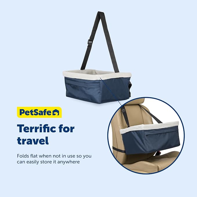 PetSafe Happy Ride Dog Booster Seat, Navy Blue, Up to 25 Lb | Raises Small Dogs to Window Height In Most Cars, Connects to Seatbelt with Safety Tether, Fleece Liner Is Machine Washable