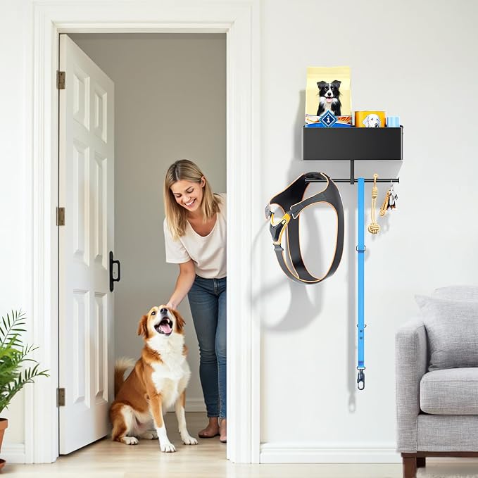 Dog Leash Holder for Wall, Dog Leash Hooks, Wall Mounted Leashes Hangers, Dog Storage Organizer, Key Holder with Storage Shelf, Pet Stuff Organizer for Pet Toys, Collar, Treats, Poop Bag (Black)