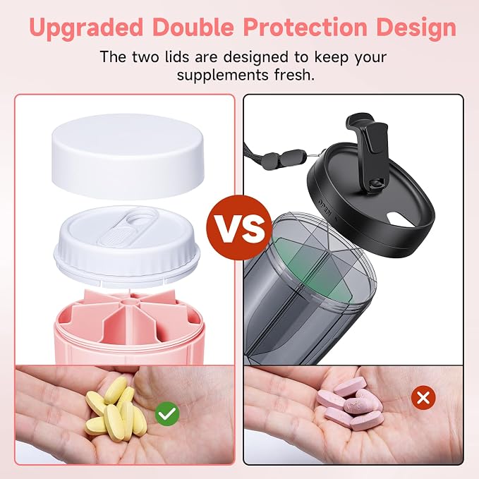Daviky Pill Bottle Organizer, 7 Large Compartments, Travel Pill Dispenser | Seven large compartments organize daily pills, vitamins and supplements, with dual lids for convenient storage and travel