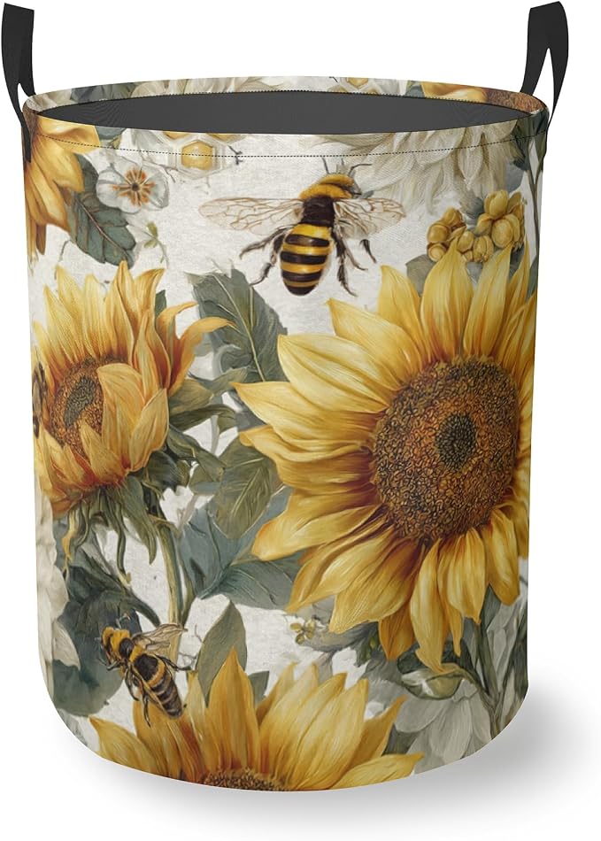 Laundry Hamper Foldable Oxford Cloth Sunflower Bee Laundry Basket With Handle Portable Clothes Storage Organizer Basket Storage Bag For Laundry Room/Bedroom/Bathroom