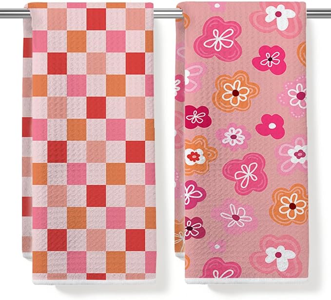 2PCS Abstract Flower Gingham Kitchen Towels 14x24 Inch, Absorbent Microfiber Decorative Dish Cloth Tea Towel, Floral Waffle Hand Towels for Kitchen Home Bathroom, Housewarming Gifts for Women