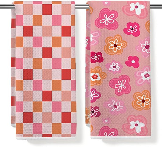 2PCS Abstract Flower Gingham Kitchen Towels 14x24 Inch, Absorbent Microfiber Decorative Dish Cloth Tea Towel, Floral Waffle Hand Towels for Kitchen Home Bathroom, Housewarming Gifts for Women