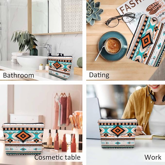 Aztec Cosmetic Bags For Women, Navajo Style Tribal Aztec Geometric Roomy Makeup Bag Toiletry Bag Accessories Organizer Storage Bags Makeup Pouch For Travel Business Gym Camping Bathroom