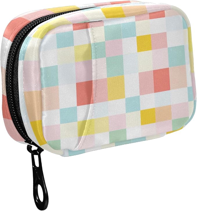 Fustylead Colorful Checkered Travel Pill Organizer Case Zipper for Purse with Removable Weekly Pill Box for Medicine, Vitamin, Supplement Medicine Organizer