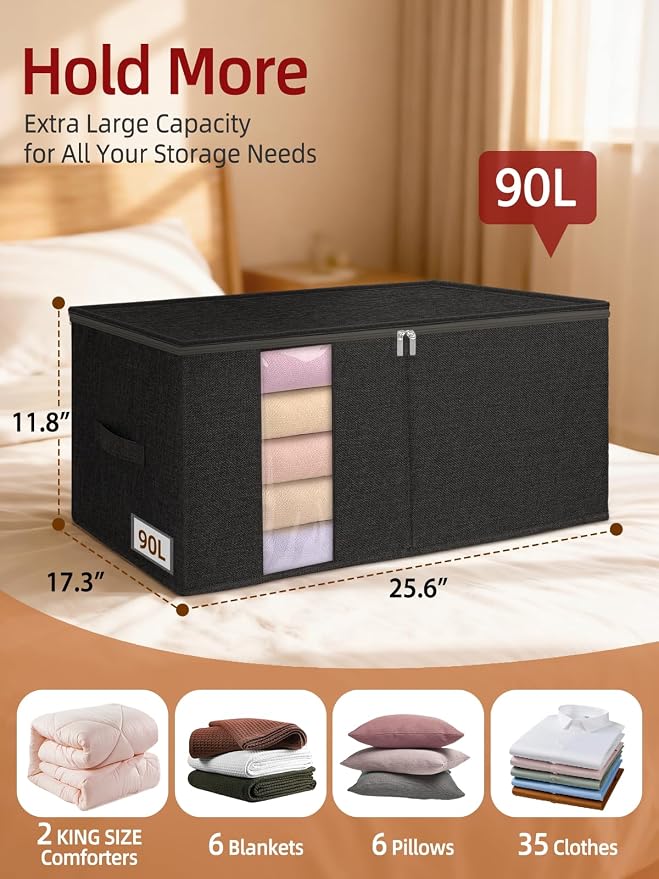 90L Rigid Structure King Size Comforter Storage Bag, 2 Pack, Black | Rigid Sides & Bottom, Stackable & Foldable Design, for King Quilts, Bedding, Pillows and Clothes, Closet & Dorm Organization