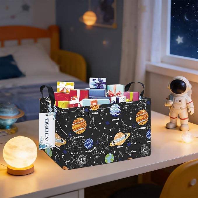 Rectangular Solar System Planet Storage Bin, Closet Organizer Basket | Moisture repellent textile, reinforced carry grips, collapsible holder tidies cabinet and teenage bedroom belongings