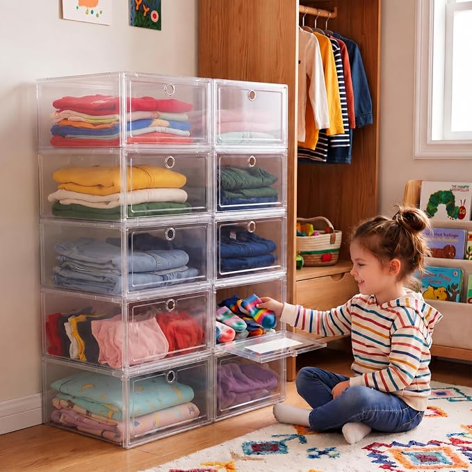 10-shelf Clothes Storage Organizer for Girls, Clear Plastic Bins | Clear Stackable Bins and Clothing Category Labels Help Organize Shirts, Pants and Dresses in Teen Bedrooms and Closets