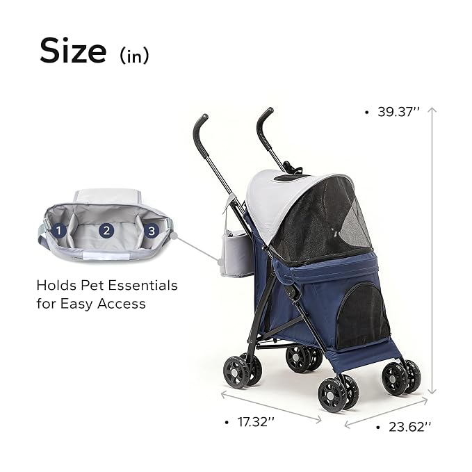 Lightweight 10 lbs Foldable Pet Stroller for Small Dogs & Cats, Easy-Fold Compact, with Adjustable Sun Canopy, Cup Holder, Breathable Mesh, Pad & Storage Bag, Holds 33 lbs, Blue Gray