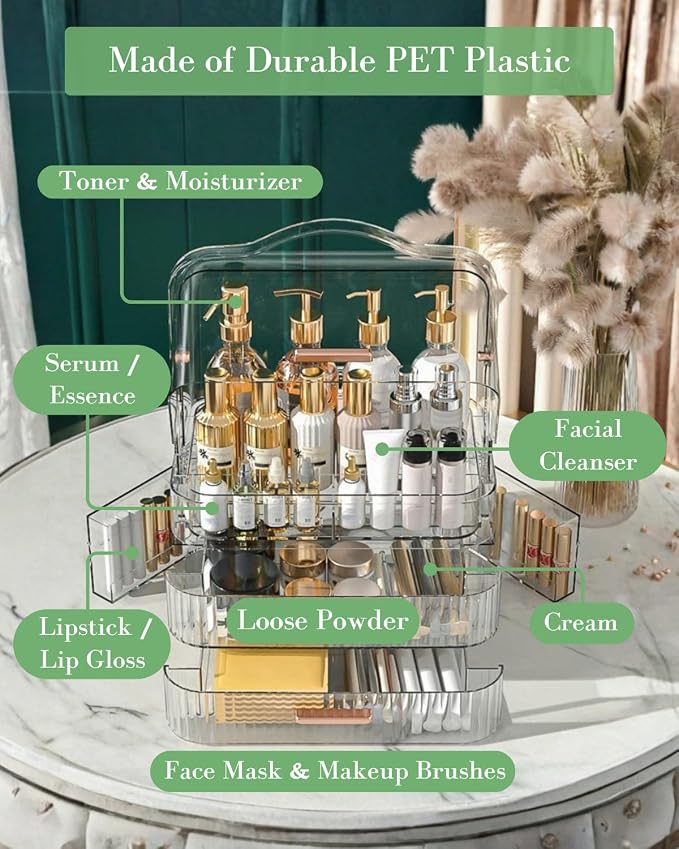 LINFIDITE Cosmetics Storage Box Transparent Lid Large Makeup Organizer Box Drawers Portable Handle Waterproof Dustproof Skincare Display Cases for Countertop, Bathroom, Dresser, PET,Clear Green