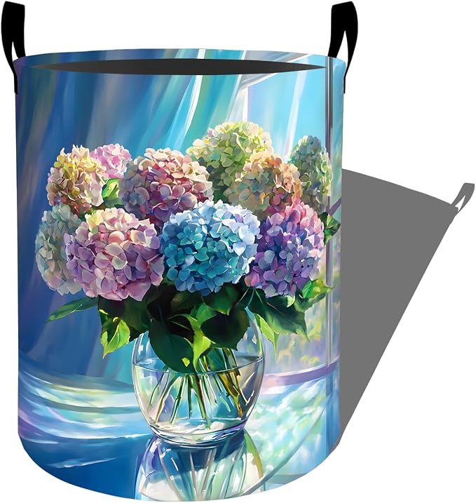 Hydrangea Floral Laundry Basket, Colorful Blooming Flower Art Storage Hamper, Round Collapsible Waterproof Cloth Bin, 19.7x15.7 Inch Elegant Clothes Organizer Gifts for Bathroom Decor