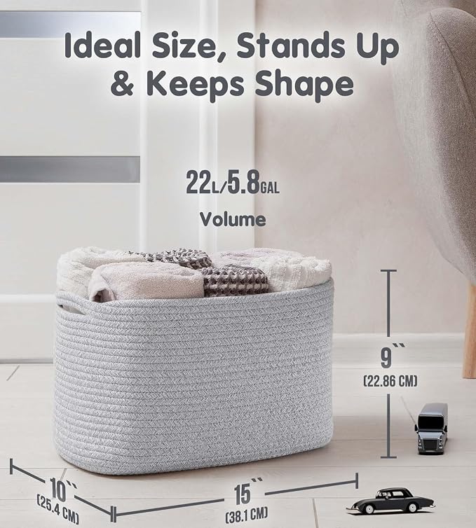 CHAT BLANC Cotton Rope Baskets for Organizing, Shelves, Toys, Storage, Shoe, Bathroom, Laundry, Towel, Nursery, Home Decor, Blanket, Cloth Woven Bins Fabric (Gray7, 15"x10"x9")