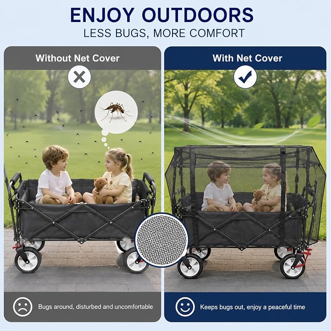 Wagon Mosquito Net Cover for Folding Wagon, 35" L x 20" W Fine Mesh Bug Screen with Zipper, Outdoor Camping Cart Cover for Garden, Picnic and Beach