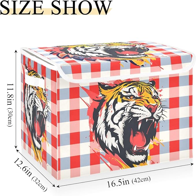 Fabric Storage Bins with Lid Tiger Foldable Storage Boxes 40L Baskets | Foldable & Stackable, Flip Top Dust Guard, Reinforced Handles, Home & Bedroom, Clothes & Toys, Animal Print Basket