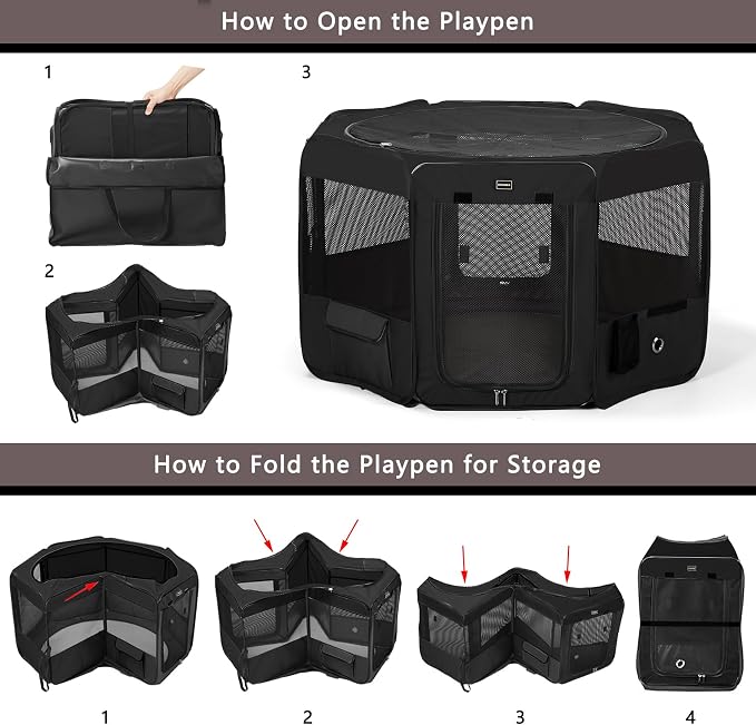 Dog Playpen Portable Pet Play Pens for Small Dog/Cat/Rabbit/Chicks, Cat Playpen Indoor/Outdoor with Carring Case, Removable Zipper Top and Bottom (Black, Large (46"x46"x23"), 8)