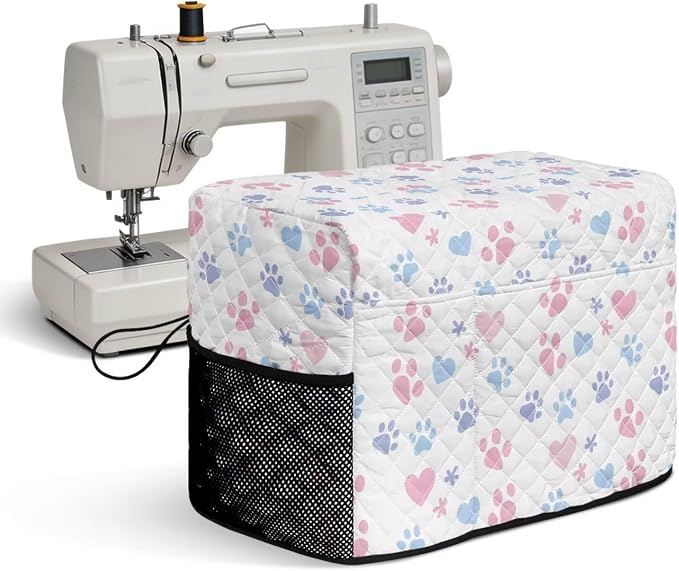 Sewing Machine Cover Polyester Febric Cute Paw Heart Print | Dust Pet Hair Protection,Quilting Design,Fits Standard Singer,Brother Janome Machines,Protecting Decorating Your Sewing Space