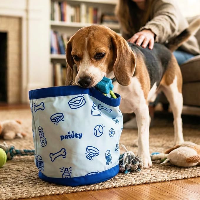 Pawty Reversible Dog Toy Basket – 35L Large Collapsible Fabric Storage Bin with Dog Toys Text – Foldable Pet Toy Box & Organizer for Blankets, Leashes, Living Room – 13.8" x 15.75" (Holds 20+ Toys)