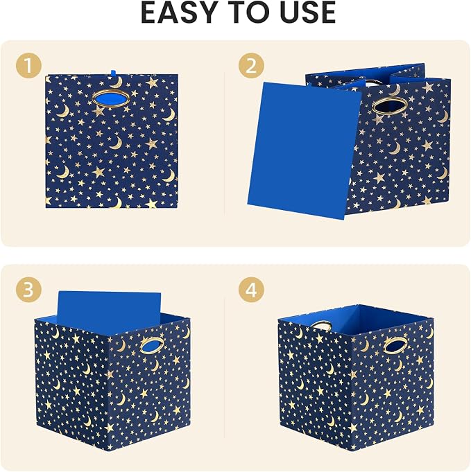 Posprica 13x13x13 Storage Cube Bins, Collapsible Storage Bins Fabric Storage Cubes Organizer Baskets Box Drawers for Shelves, Closet, Wardrobe, Bookshelf, Cabinet, Blue-Moonstar, 4 Pack