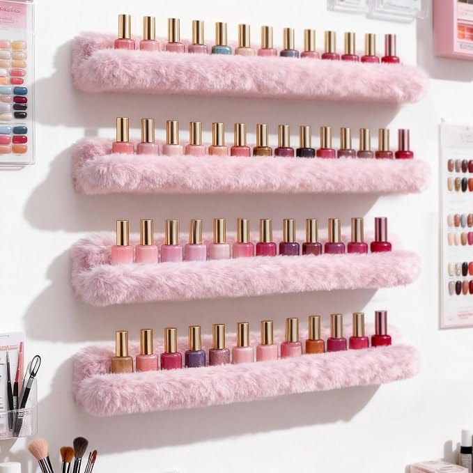 Nail Polish Wall Shelf - 15-Inch Furry Plush Display & Organizer Rack, Holds 60+ Polishes, Soft Ledge for Bedroom, Bathroom, Salon - Protects Bottles from Scratches，6 Pack Pink
