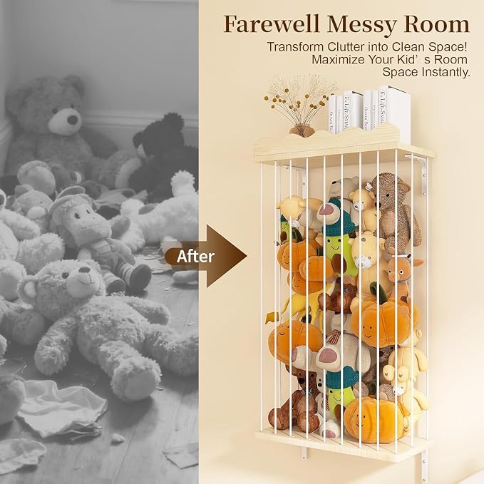 Adjustable Stuffed Animal Storage with Shelf (Patented) - Large Wooden Hanging Plush Toy Organizer - Corner Stuffy Animals Hammock Net Holder for Kids Room, Nursery, Bedroom