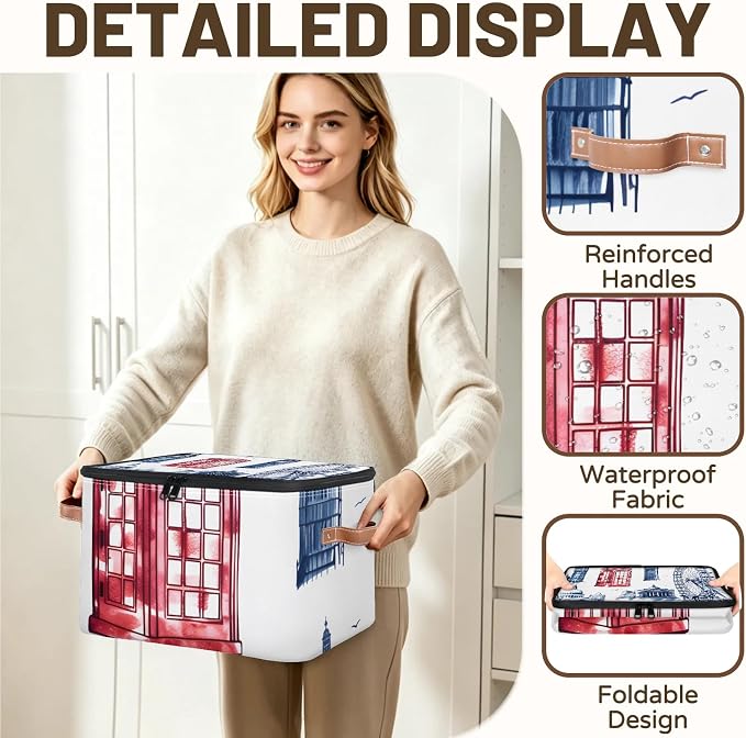 UK London Foldable Storage Bin with Lid Zipper | Closet Shelf Organizer, Boxes, Basket Containers for Home, Lidded Storage Cube for Bedroom, Waterproof, with Handles