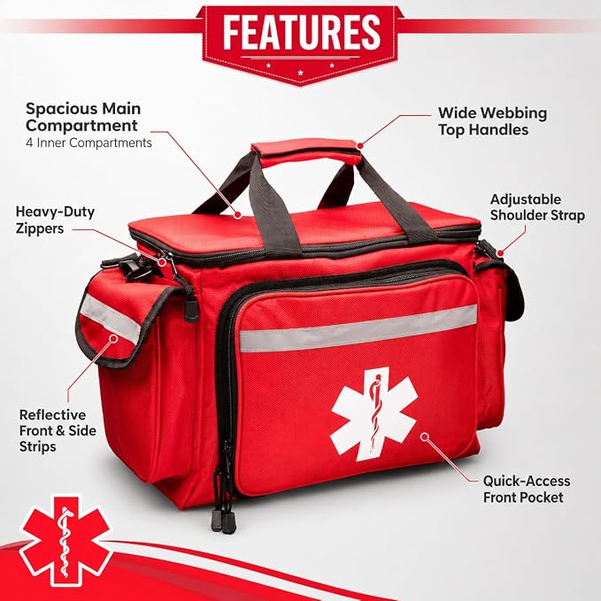 NOVAMEDIC Professional Red Empty Trauma First Aid Medical Bag, 15"x10"x9", Multi Compartment First Responder Carrier for EMT, Paramedics, Emergency and Medical Supplies Kit