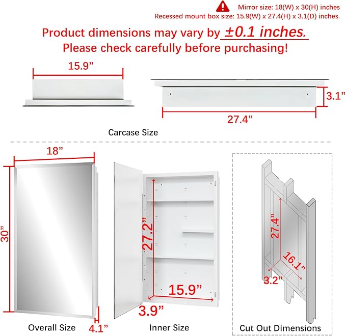 White Metal Medicine Cabinet, 18 x 30 Beveled Mirror, Surface Mount Storage | 18 x 30 Mirrored Medicine Cabinet with Adjustable Staggered Shelves, Piano Hinge, Left/Right Swing, Preassembled, Matte White