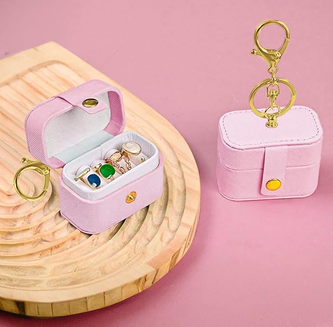 Wedding Ring Bearer Pillows Box for Dog Collar, PU Leather Travel Mini Ring Holder Pouch with Keychain Clip& Buckle Closure, Bridesmaid Gifts Jewelry Storage Case for Women Girls(Pink)