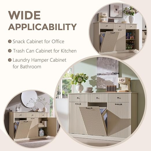 IFGET Triple Tilt Out Trash Can Cabinet, Modern Fluted Laundry Hamper Cabinet with 3 Drawers, 20 Gallon Hidden Wooden Garbage Can Cabinet w/Storage Basket & Adjustable Shelf, for Kitchen, Cream