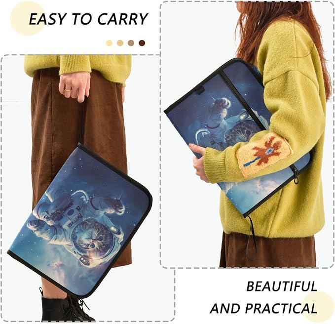 13 Pocket Zipper Expanding File Folder A4 Space Cat | Accordion File Organizer with Front Pouch A4 Letter Size Portable Folders for Documents Receipt School Office Supplies