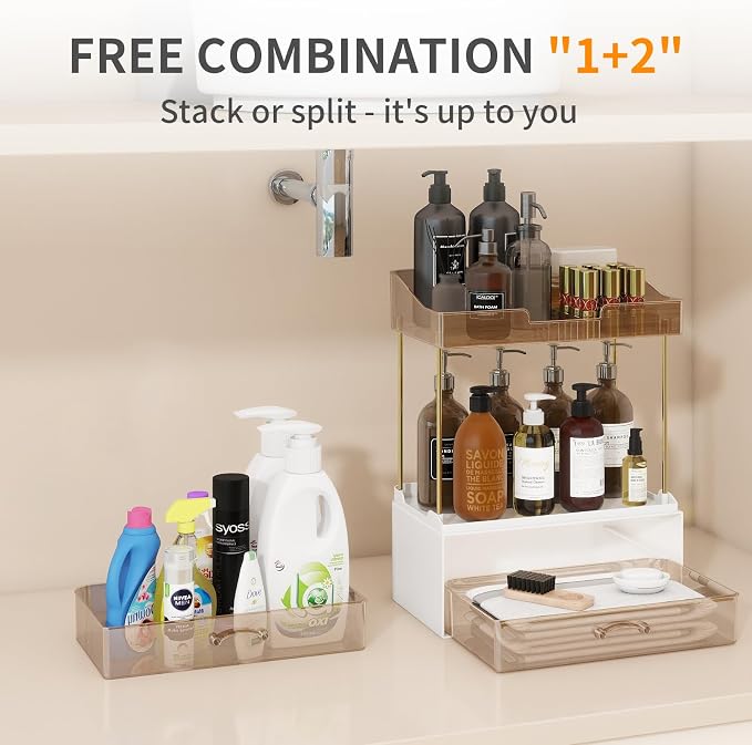 KHNR 2-Tier 2-Drawer Bathroom Organizer Countertop, Multi-Purpose Makeup Organizer Countertop, Large Skincare Organizers, Exquisite Vanity Organizer for Bathroom, Dresser, Kitchen (Amber)