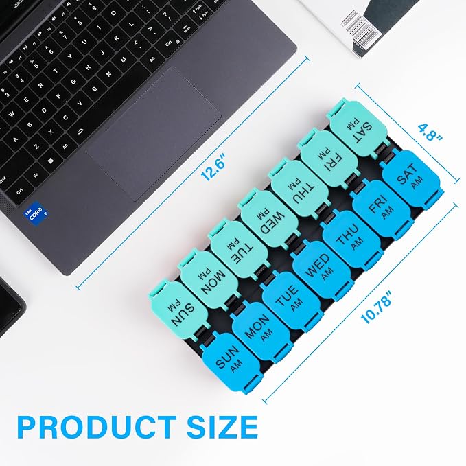 Yaklim Extra Large Weekly Pill Organizer, Detachable 7 Day AM PM Pill Box | XXL 14 Detachable AM PM Compartments；For Big Vitamins & Supplements； Easy to Open & Fill； Waterproof Seals； Easy Readability
