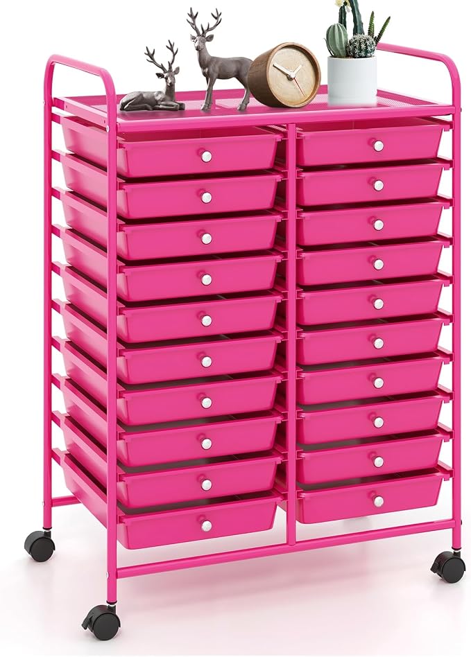 20 Drawer Rolling Storage Cart, Art Cart Organizer with Wheels for Makeup, Tool, Paper, Multipurpose Craft Storage Cart with Drawers for Office, Home, Classroom, School (Hot Pink)