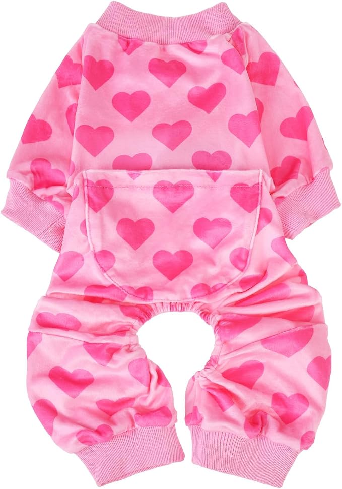PUPTECK Soft Fleece Pink Heart Dog Pajamas for Small Medium Dogs, Dog Onesie Puppy Sweaters Clothes Jumpsuit Pjs, Cute Jammies Cat Coat Pet Costume Apparel