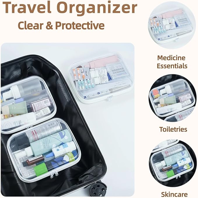 3-PCS Medium Clear Hard Shell Zipper Pouches, Clear Zipper Bags (3M, Pink) | Hard Case Pouches for Purse & Diaper Bag Organizer, Travel Essentials, Clear Storage Bags, and Travel Zipper Container