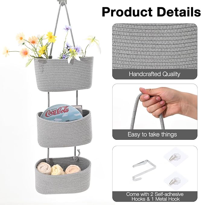 ICERZCZ Hanging Baskets for Organizing, Over the Door Decorative Storage Organizer, Nursery Decor Organization, 3-Tier Wall Basket for Entryway Playroom Bathroom Closet, Light Gray