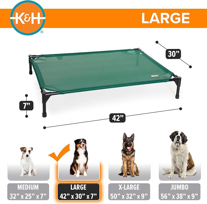 K&H Outdoor Elevated Dog Bed, Cooling Raised Dog Bed, Large 42x30in, Green | Pet Cot for Medium & Large Pets, Breathable Mesh 360 Hammock Design, Indoor/Outdoor Washable Cover, Portable Metal Frame