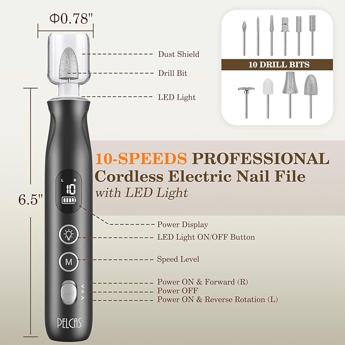 PELCAS Electric Nail Grinder, 10 Speeds Cordless Nail Drill with LED Light, Portable Manicure and Pedicure Kit, Nail File with LCD Screen for Human, Pet, Thick Toenails, Natural & Acrylic Nails Grey