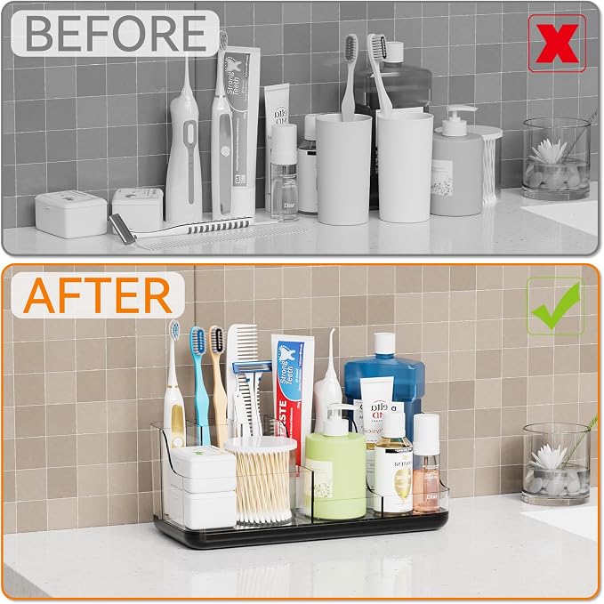 Mens Bathroom Organizer and Storage,Black Bathroom Sink Caddy Countertop,Large 7 Slot Vanity Bathroom Toiletry Organizers and Toothbrush Holders for Toothpaste,Electric Tooth Brush Organizer