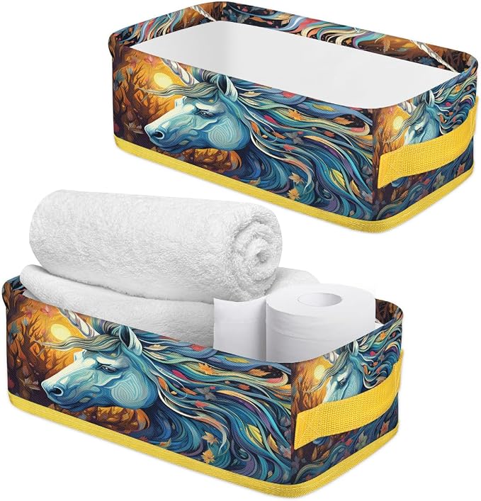 Unicorn Leaf Warmth Bathroom Storage Basket, Foldable with Handle Open Countertop Paper Towel Decorative Box, Toilet Tank Top Shelf Baskets for Home Closet Bedroom Living Room Office