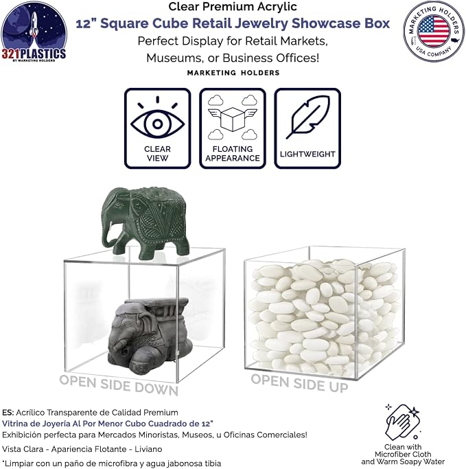 4 Pack Acrylic Display Box 12" W Square Hollow Cube Clear Art Sculpture Pedestal Collectible Cube Cover Trophy Trinket Showcase Stand Expo Event Wedding Decor No Lids 5 Sided by Marketing Holders