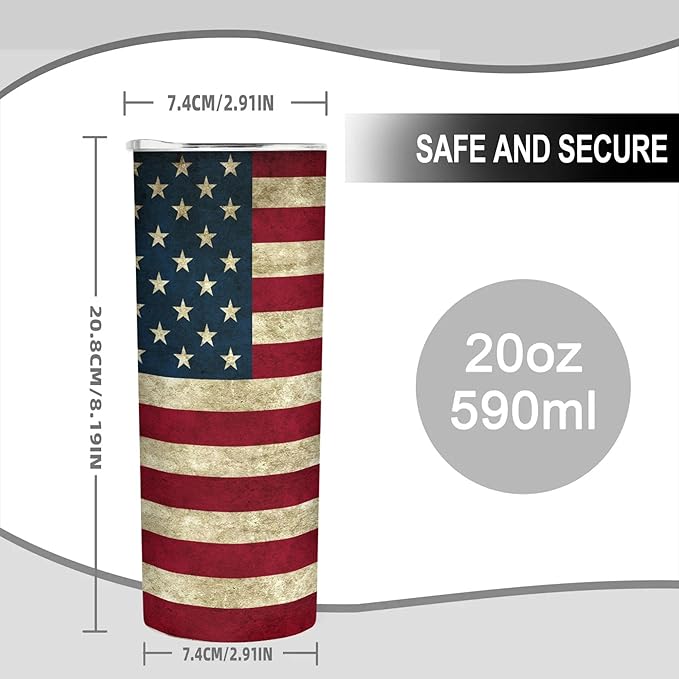 20 oz Insulated Stainless Steel Tumbler Mug, American Banner US Retro Flag Cup with Lid, Hot and Cold Insulation Presents for Men Women Teens