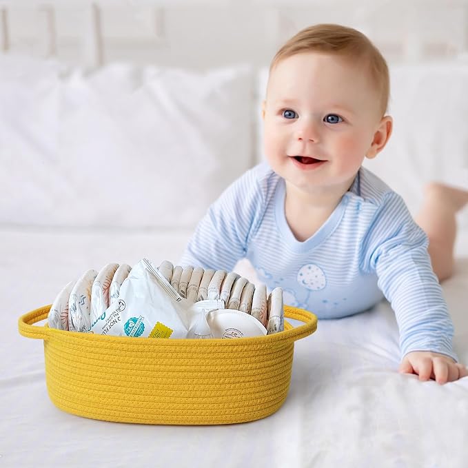 Yellow Woven Basket, 13" x 9" x 5" Baskets for Gifts Empty, Cute Cotton Rope Cat Dog Toy Bin Box, Small Woven Bin for Organizing, Yellow Room Decor, Nursery Cloth Diaper Storage Organizer