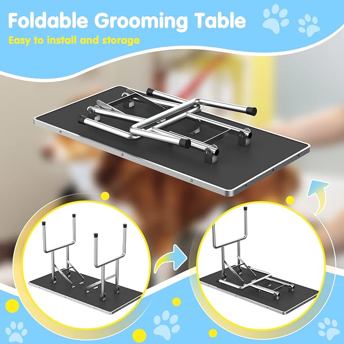 36'' Foldable Dog Grooming Table with Arms/Nooses/Mesh Tray, Blue | Stainless Steel Grooming Table for Dogs at Home, Adjustable Pet Bathing Station, Non-Slip Waterproof Tabletop, Capacity 330Lb