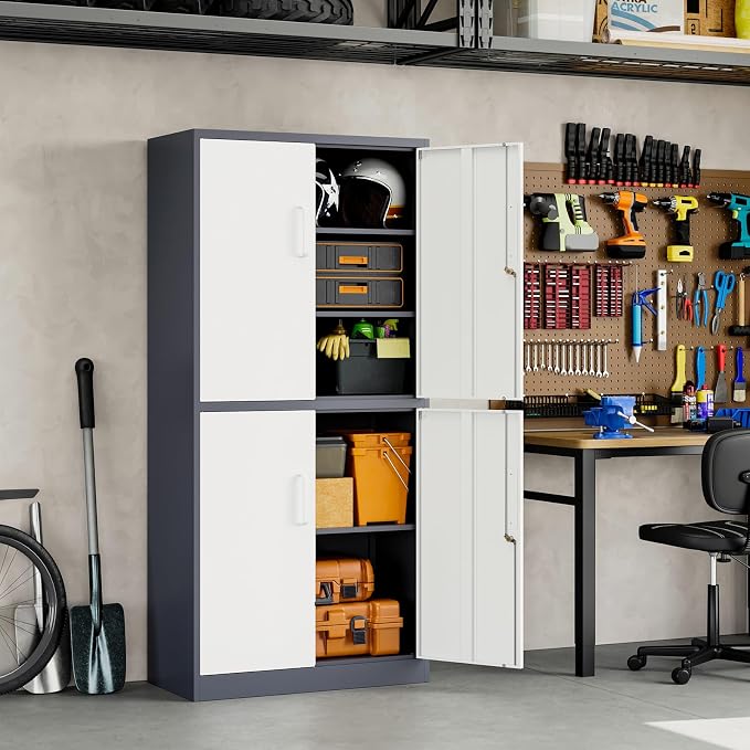 Metal Storage Locking Cabinet with 4 Doors and 2 Adjustable Shelves,71" Lockable Garage Tall Steel Cabinet,for Home Office,Living Room,Pantry,Gym,Commercial Storage (Gray White)