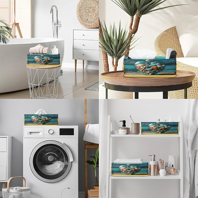 Love Wish Bottle Wooden Board Bathroom Storage Basket, Foldable with Handle Open Countertop Paper Towel Decorative Box, Toilet Tank Top Shelf Baskets for Home Closet Bedroom Living Room Office