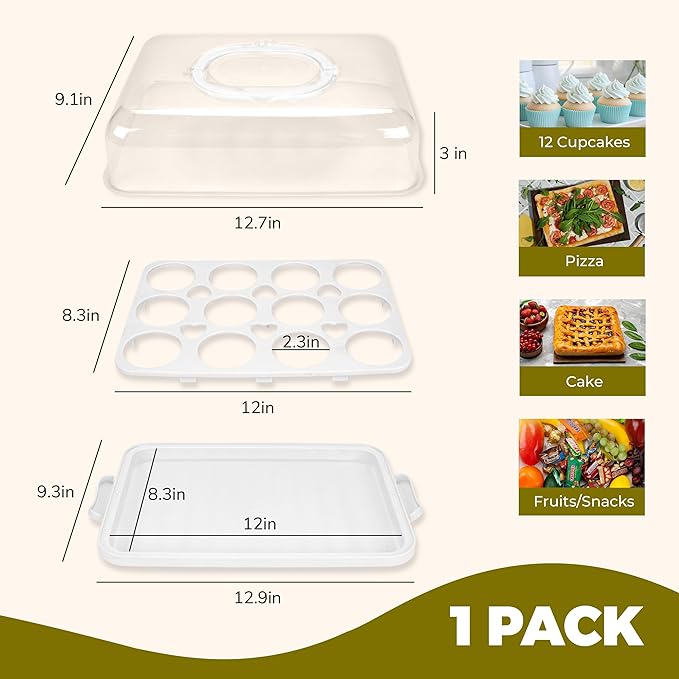 NPLUX White Cupcake Carrier Cupcake Holder with Lid, Cake Container | 3 in 1 Multipurpose, Lid, Holder, Muffins, Pies, Sweets, Pastries, Fruit, Snacks, Transport