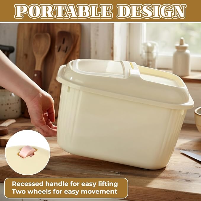 Blushtier 4 Pack Sugar Storage Containers Flour Bin with Wheels Large Pet Dog Food Storage Boxes Measuring Cup Sealed Transparent Flip Lid Portable Household Rice Container Set (Yellow,20 Lbs)