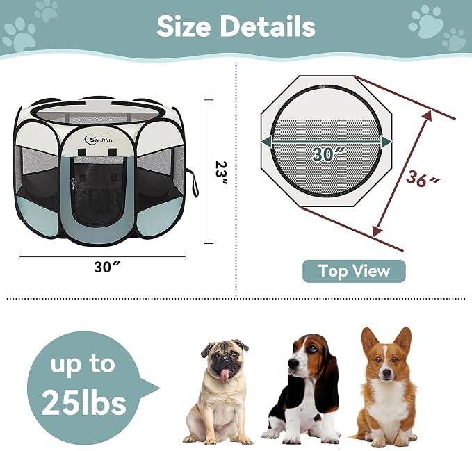 Siedihit Dog Playpen, Puppy Pet Playpen, Medium Dogs Tent Crates Cage Indoor/Outdoor, Portable Pop Up Dog Kennel Playpen with Carrying Case for Dogs/Cats/Rabbits, Removable Zipper Top, Grey